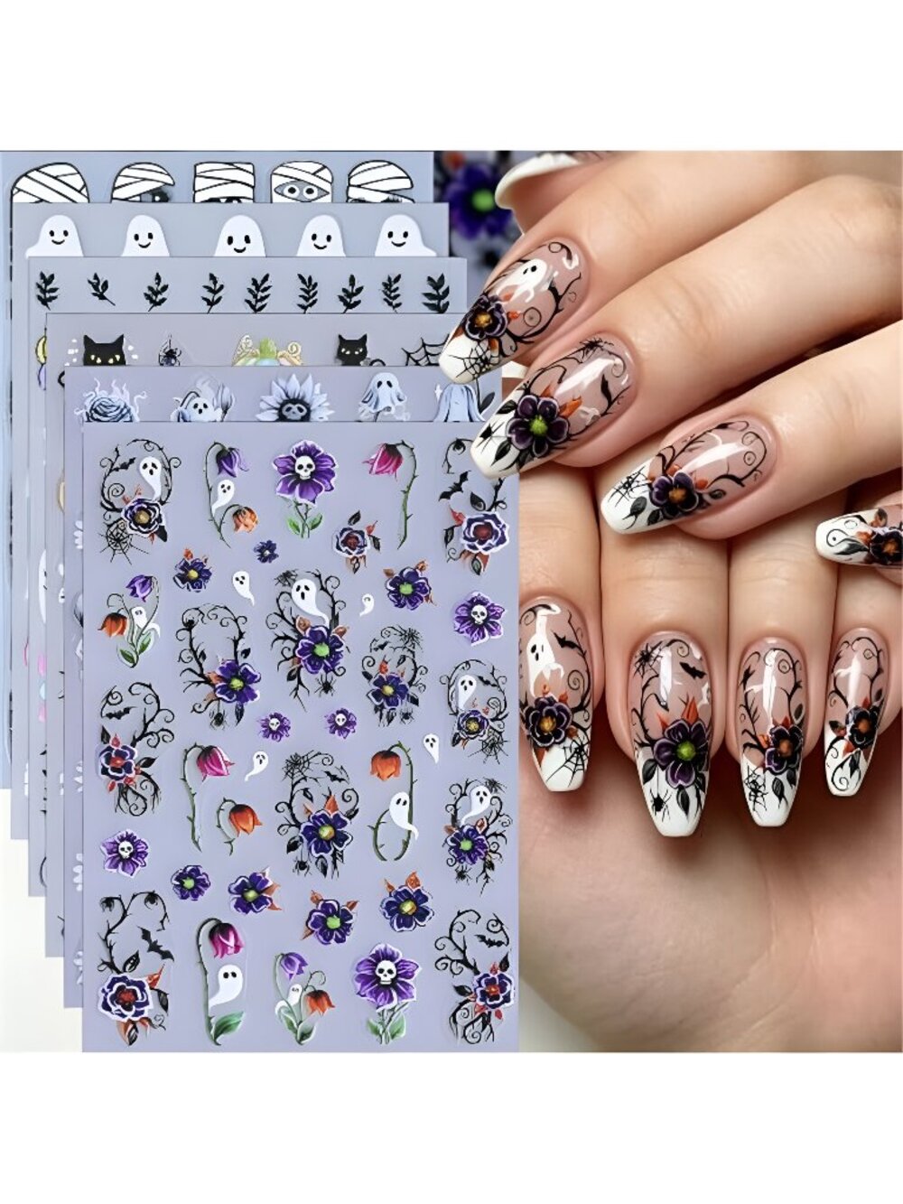 Halloween Nail Stickers for Nail Art 5D Ghost Flower Nail Decals Ghost Cat